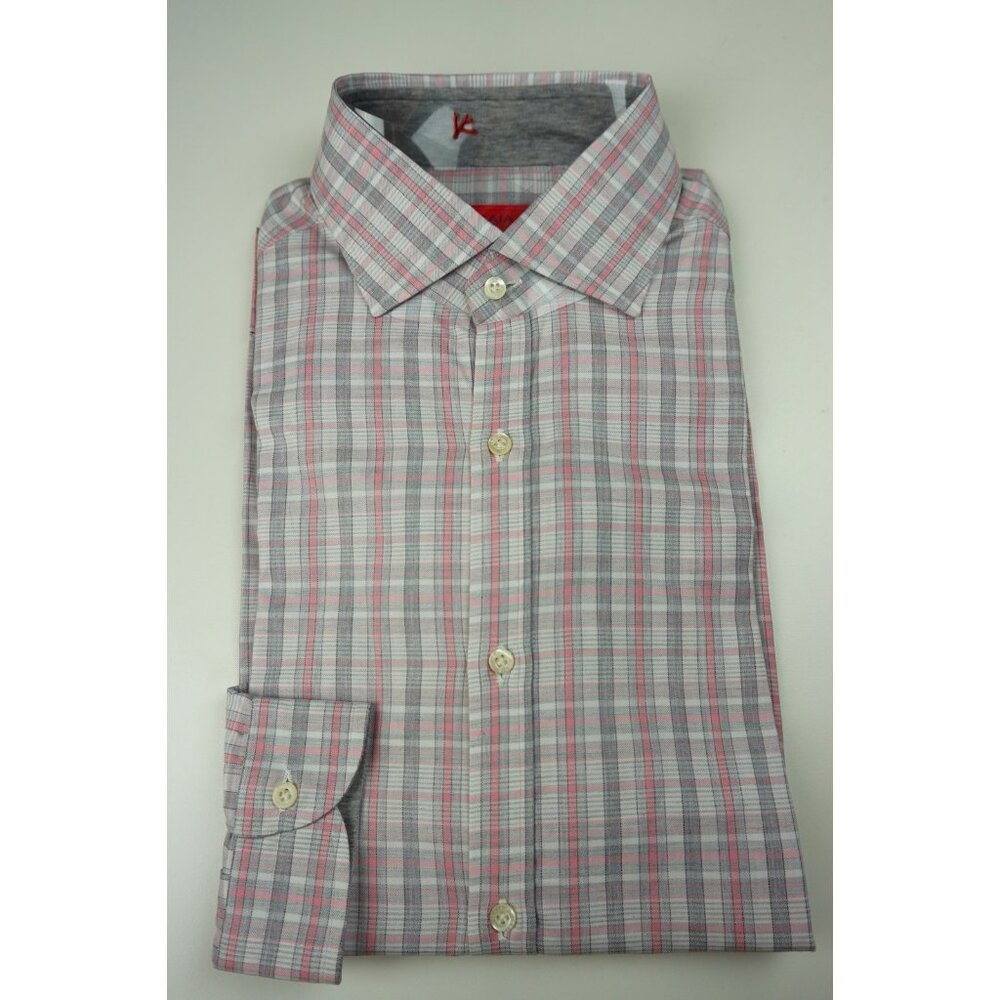 Isaia Napoli Light Pink Gray White Plaid Long Sleeve Cotton Shirt 15.5/39 NEW